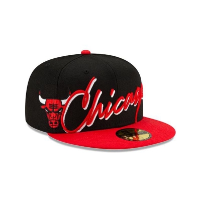 Black Chicago Bulls Hat - New Era NBA Cursive 59FIFTY Fitted Caps USA1278409